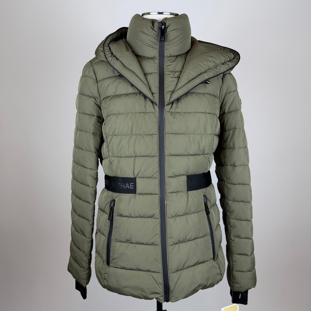 NWT Michael Kors Ultra Lightweight Puffer Jacket Olive Green Hooded Women Medium